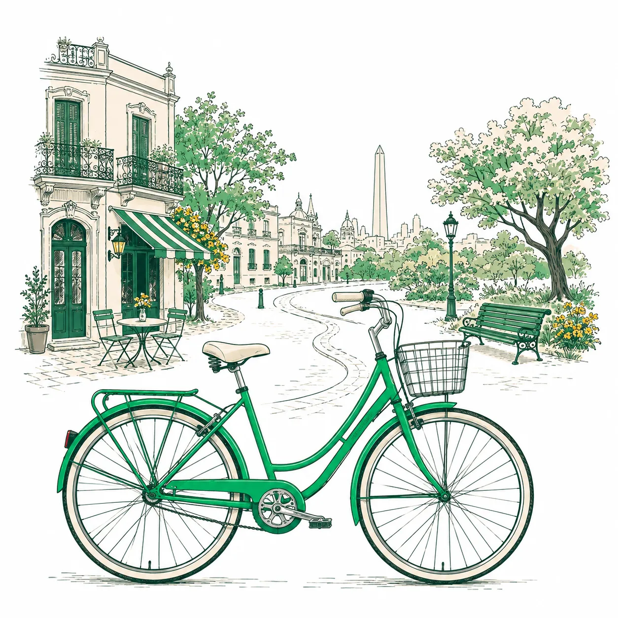 Green city bicycle with a Buenos Aires café, park and the Obelisk in the background